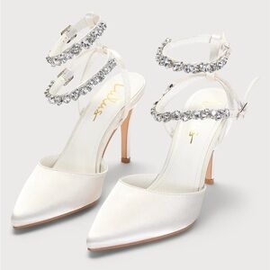Syene White Satin Rhinestone Pointed-Toe Ankle Strap High Heels